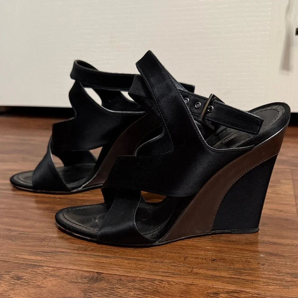 Louis Vuitton Black Satin Cross Strap Open Toe Wedges Minimalist Quiet Luxury